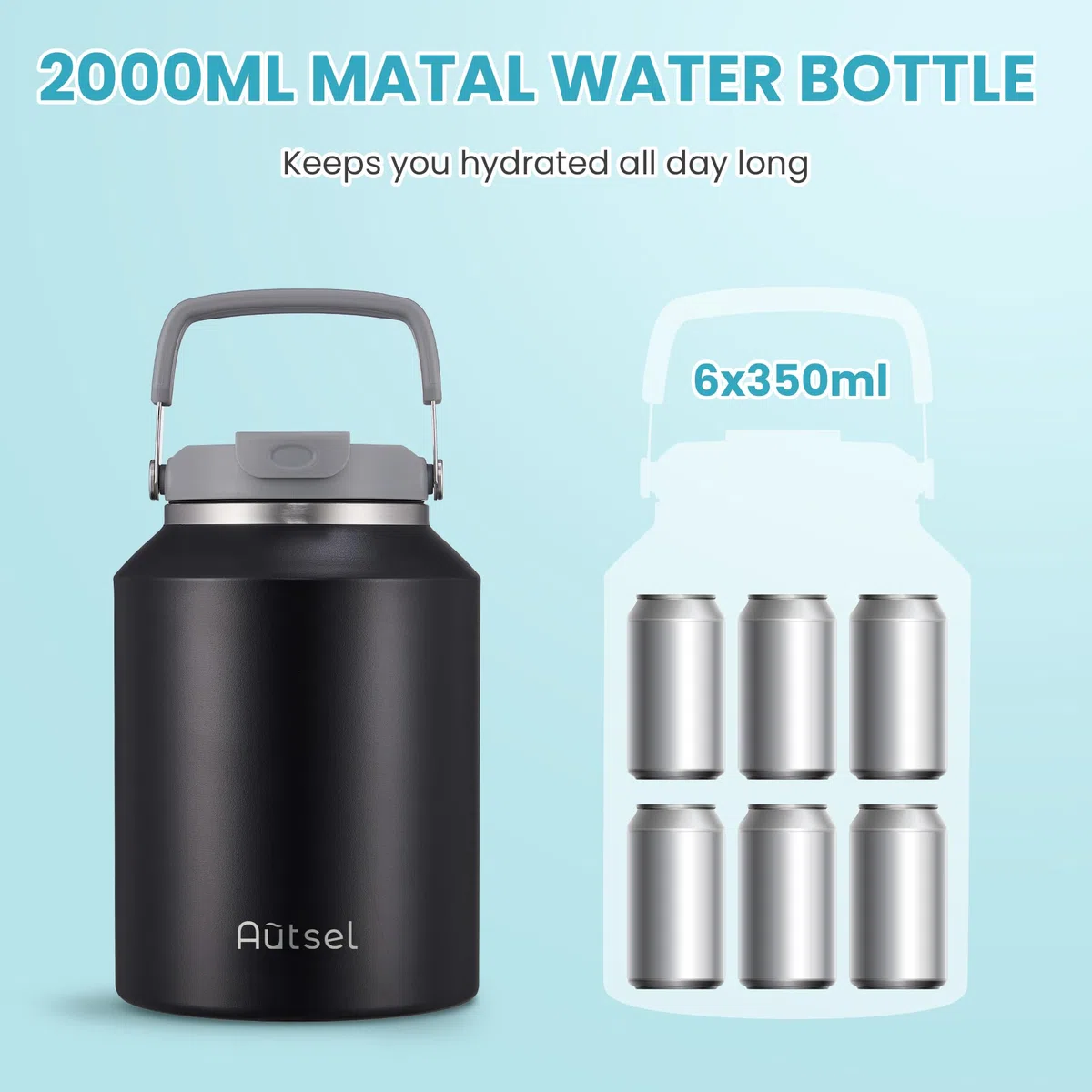 2 litro Botella Agua Acero Inoxidable Botella Termica Deportiva Termo sin BPA con Doble Aislamiento