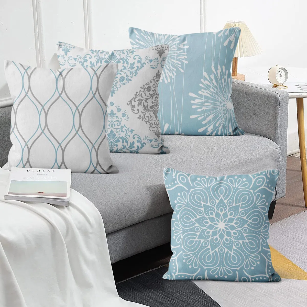 Azul Fundas de Cojín 45x45 Juego de 4, Azul y Blanco Moderno Sencillo Geométrico Estampado Rústico Cuadrado Sofá Decorativo Lavable Poliéster Lino Textil Jardín Funda de Almohada