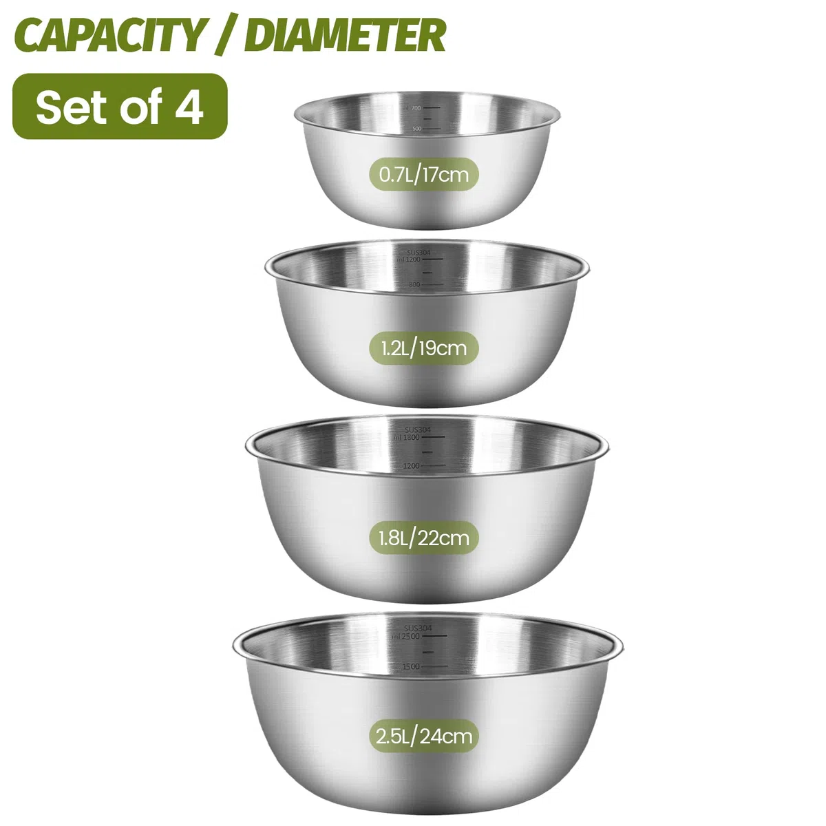 Cuencos Cocina Set de 4 Ensaladeras de Acero Inoxidable, 4 tamaños - 0.7 L/ 1.2 L/ 1.8 L/ 2.5 L, 4 Boles Aptos para Lavavajillas y Apilables