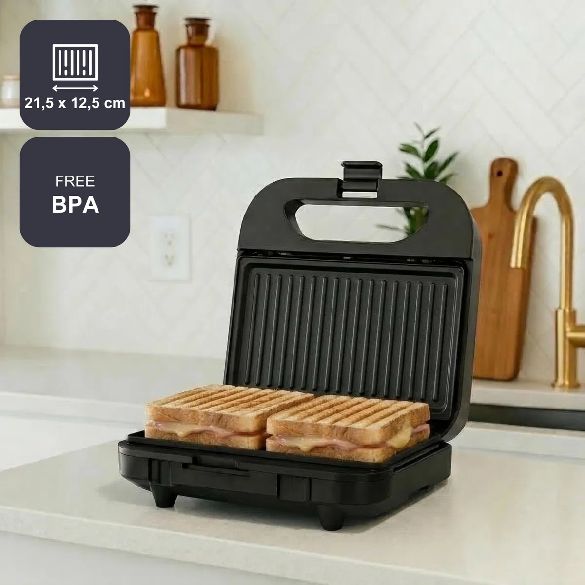 BLACK+DECKER - Sandwichera 750W, Placas Antiadherentes, Asa Fría, Compacta