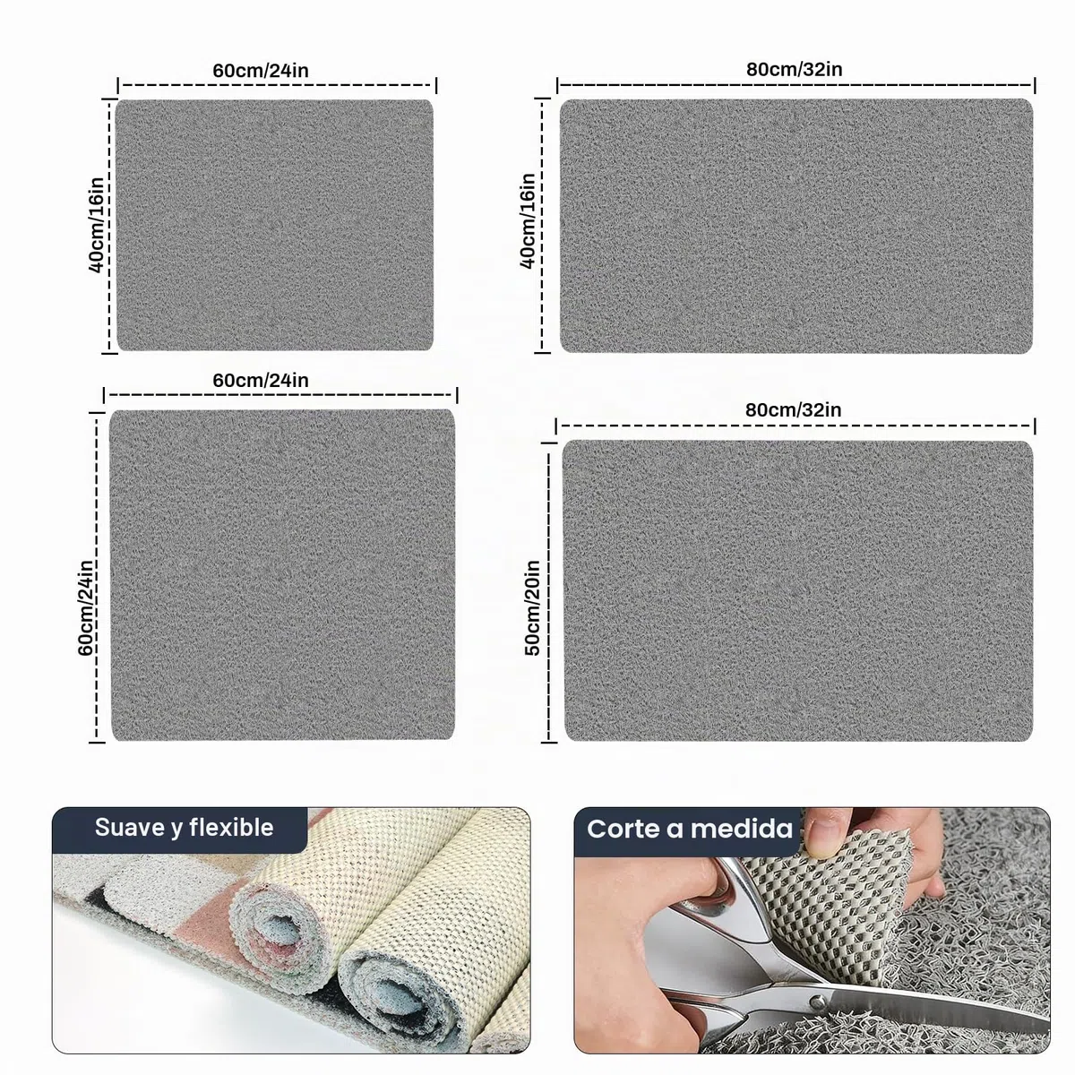 Alfombra de Baño Antideslizante 60x60cm Cuadrado, Alfombrilla de Ducha de PVC con Textura de Luffa, Alfombra Antideslizante para Ducha, Secado Rápido Gris