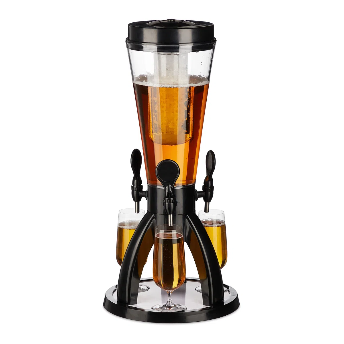 Relaxdays Torre de Cerveza con 3 Grifos, 4 L, Dispensador de Bebidas con Enfriador, Beer Tower, Transparente y Negro