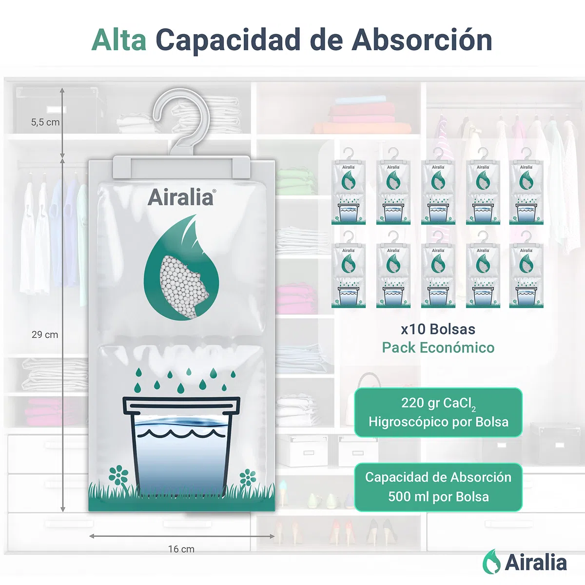 AIR-DRYBAG - 10 Pack | Deshumidificador Armarios, Bolsas Antihumedad Armario, Absorbe Humedad, Anti Moho y Condensación | Para Ropa, Habitación, Baño, Trastero,Cocina y Hogar en General