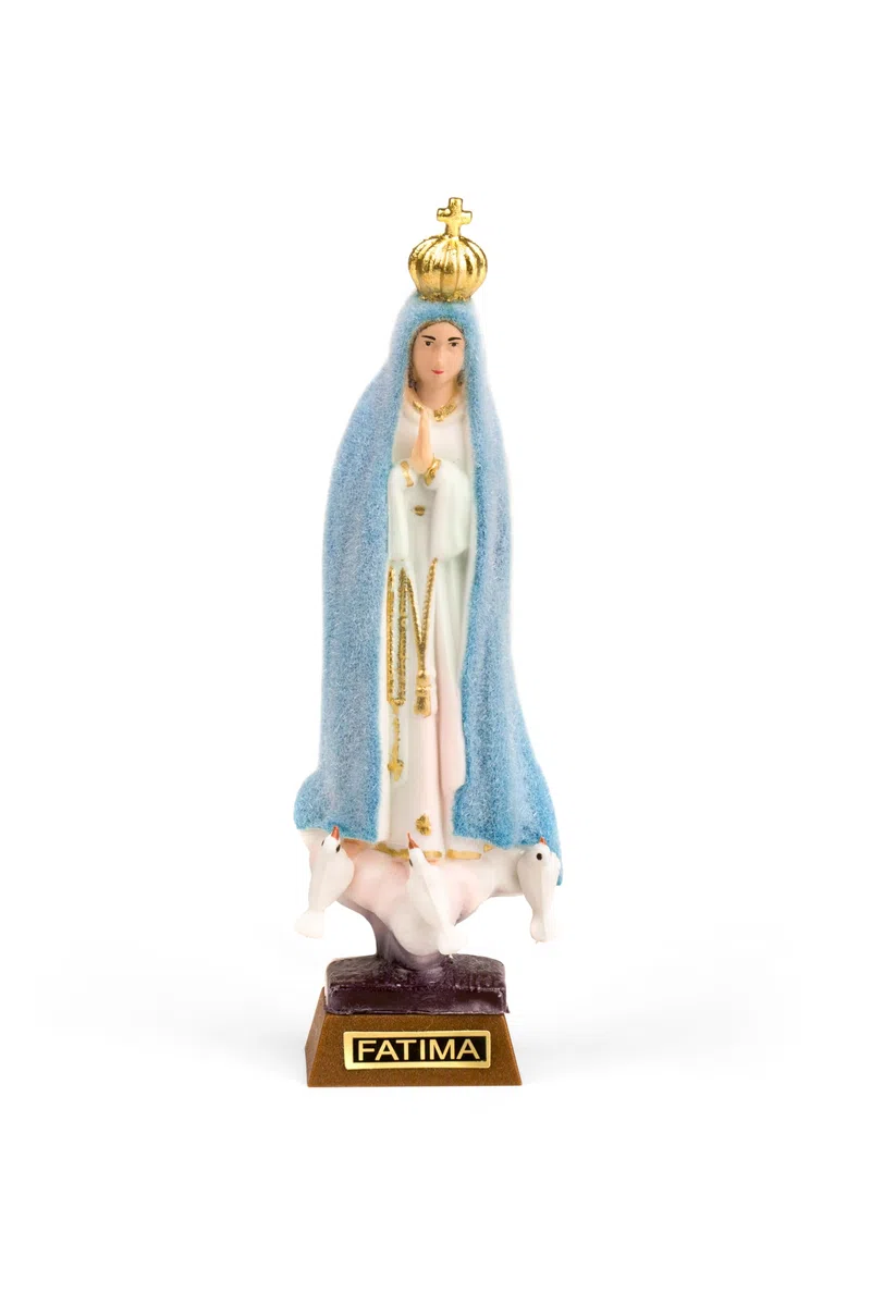 Estatua de la Virgen de Fátima. El Color Azul Indica Día Soleado, el Violeta Inestable y el Rosa, Día Húmedo o de Lluvia. Altura 12 cm. Figura Virgen Fatima