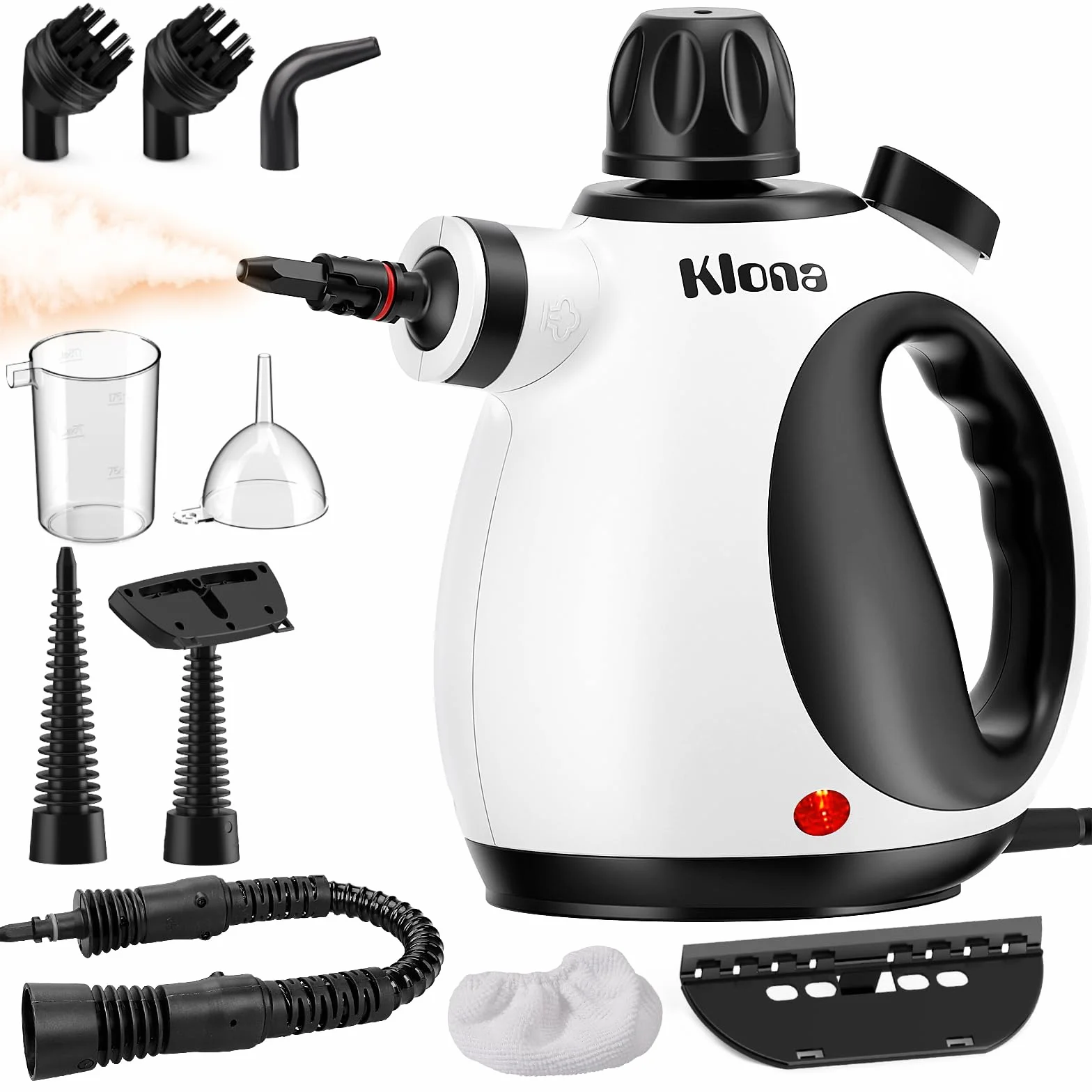 KLONA Limpiador a vapor hogar, portátil limpiador, con 10 accesorios | para alfombras, cortinas, sofás, cocina, baño y más | presión: 3,5 bar | potencia: 1050W | sin químicos