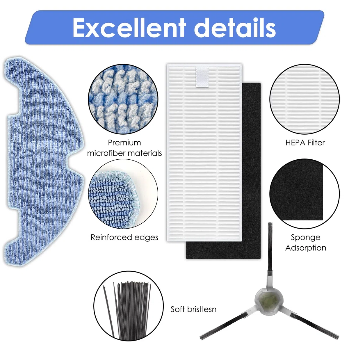 (14 Piezas) M330/ M330 Pro Piezas de Repuesto Compatibles Robot Aspirador Lefant M330 Pro, 6 Cepillos Laterales, 6 Filtros HEPA con Filtros de Espuma, 2 Almohadillas para Fregona, Kit de Accesorios