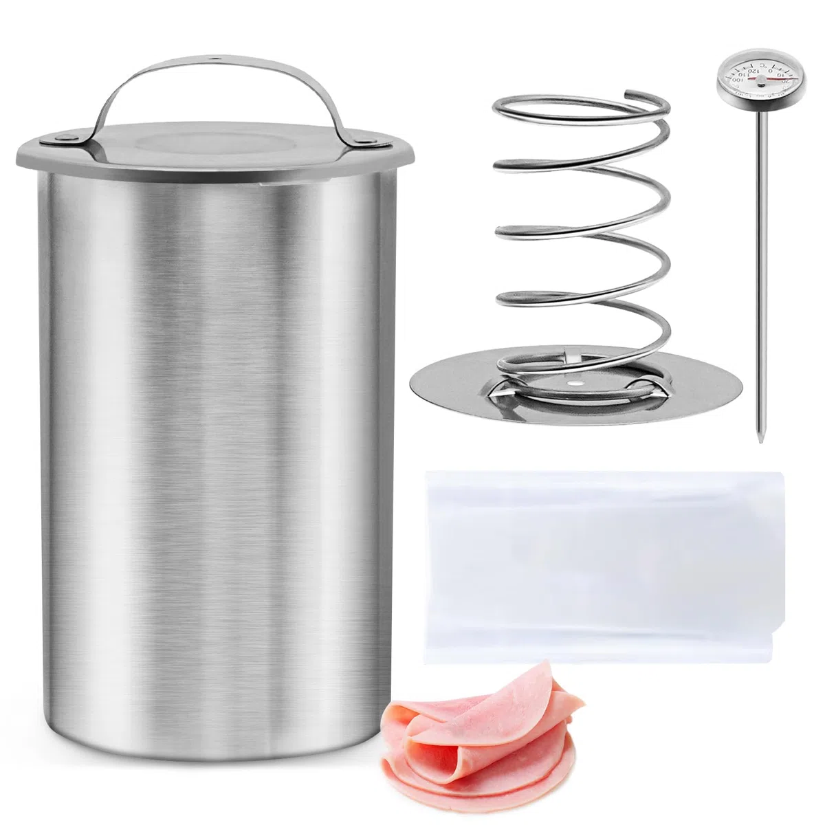 Molde de prensa de carne para carnes delicatessen de acero inoxidable, molde de prensa de jamón con termómetro y 20 bolsas de cocina para hacer carne casera saludable
