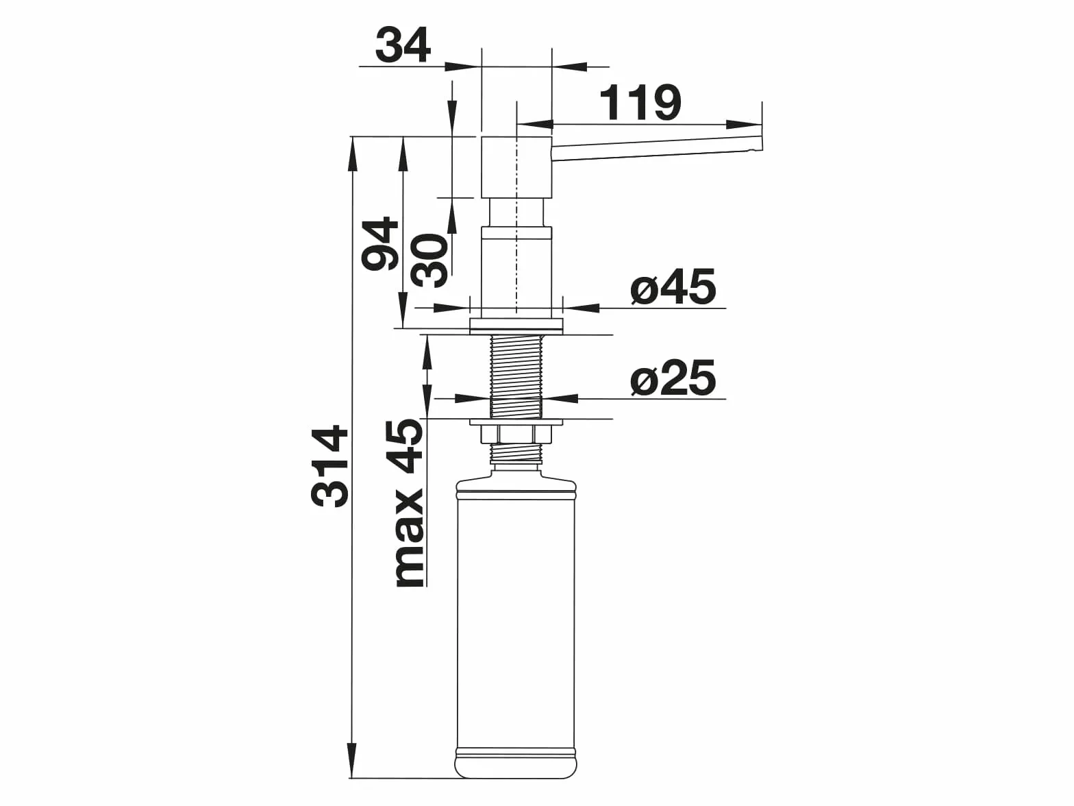 BLANCO Lato - Dispensador de detergente (Satinado, Apto para Todos los grifos de Cocina BLANCO, fácil de llenar Desde Arriba, Fregadero, dispensador de jabón, Requiere Orificio de 35 mm, Capacidad de