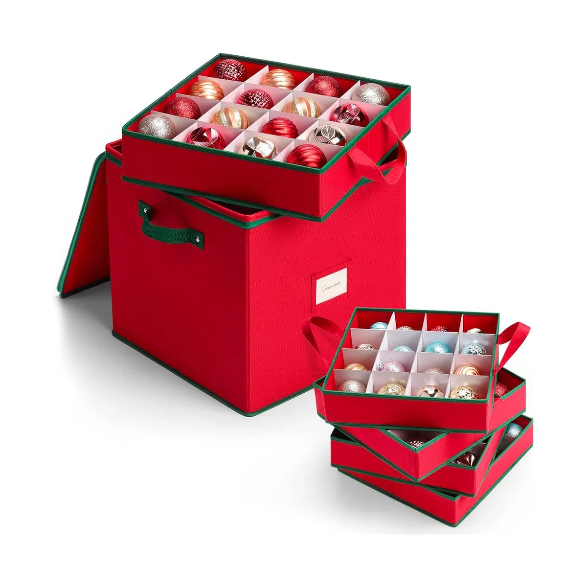 Wintem Caja para bolas de Navidad de tela Oxford, plegable, 32 x 32 x 32 cm, con 4 compartimentos modulares para 64 decoraciones, protección antipolvo y fácil de guardar debajo de la cama o en el