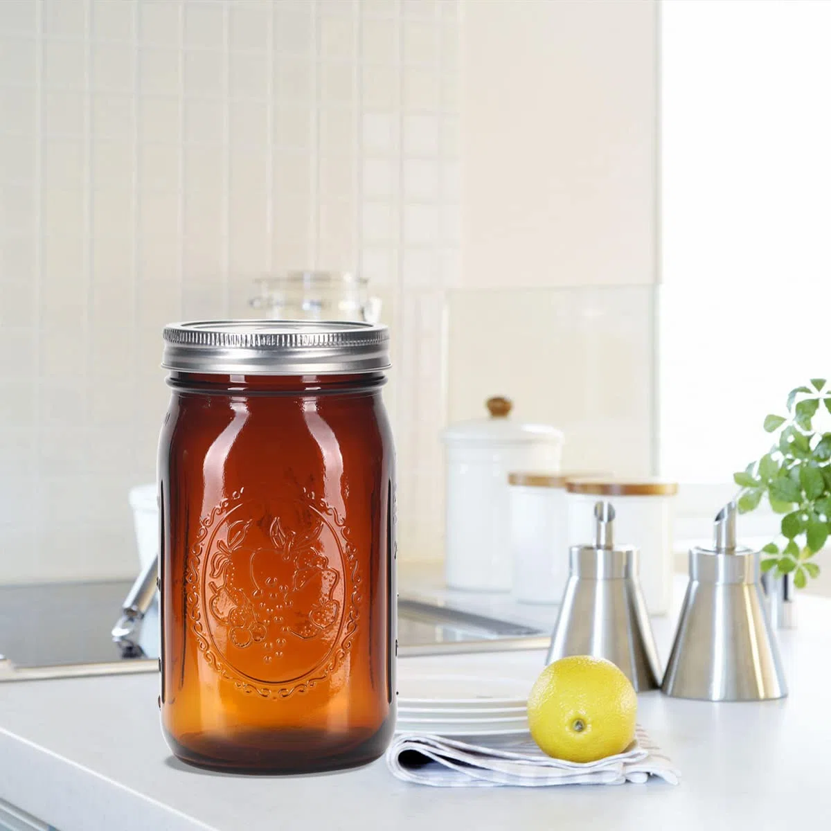 eleganttime Tarros de vidrio ámbar de 32 onzas de boca ancha, paquete de 6, tarros de conservas de cuarto de galón con tapas herméticas y bandas para enlatar, congelar, fermentar, conservar, bebidas y