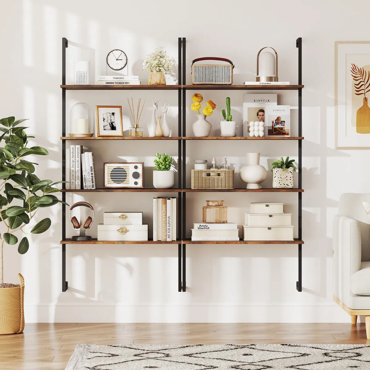 COSTWAY Estanteria Escalera 4 Niveles, Estantería Librería Madera de Pared, Marco de Metal, Salon Baño Dormitorio Habitación, 76 x 30 x 163 cm