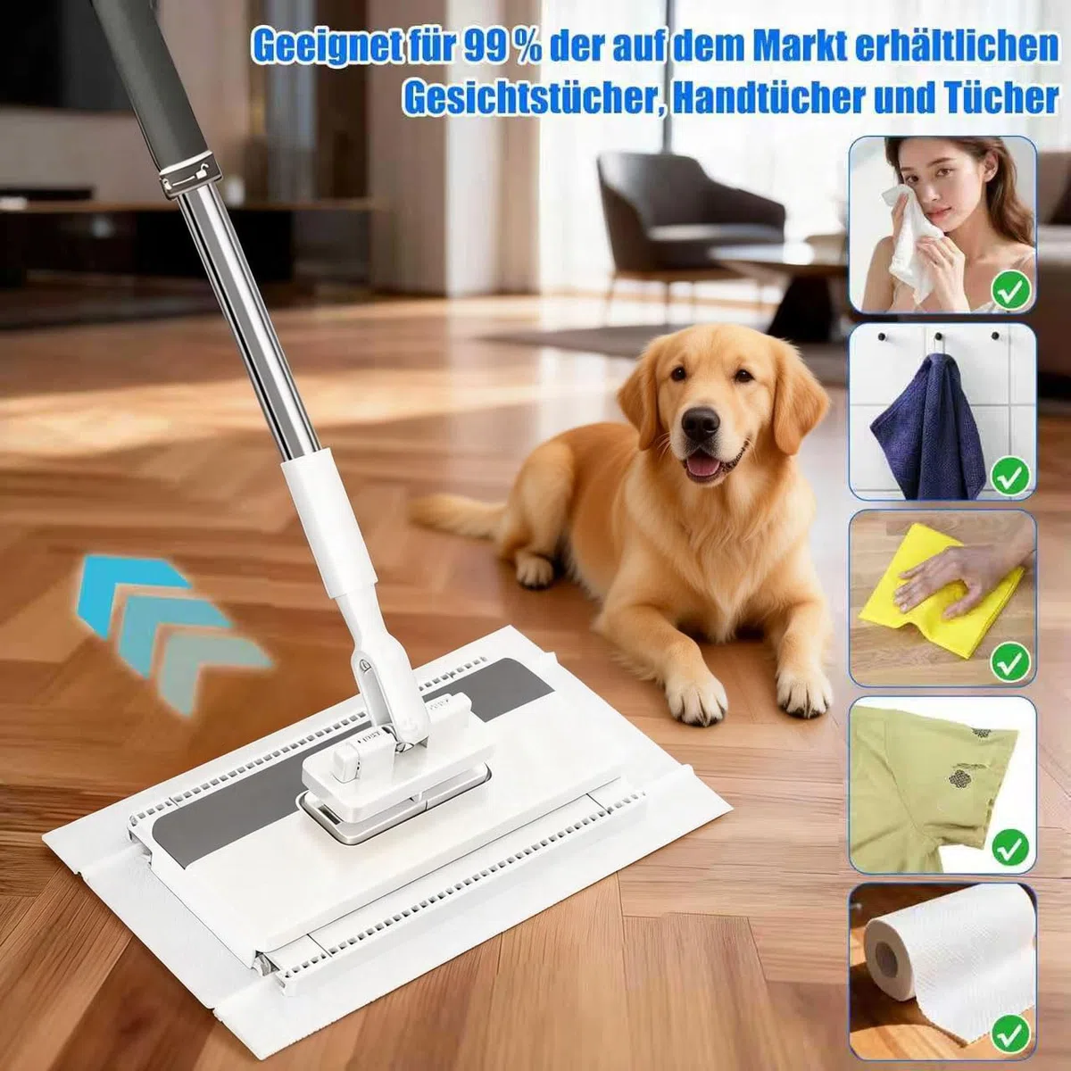 Mopa de microfibra con sistema de sujeción a presión, paño de sujeción automático con 12 paños de microfibra reutilizables, fregona desmontable para una limpieza práctica, clip para paños sin lavar a