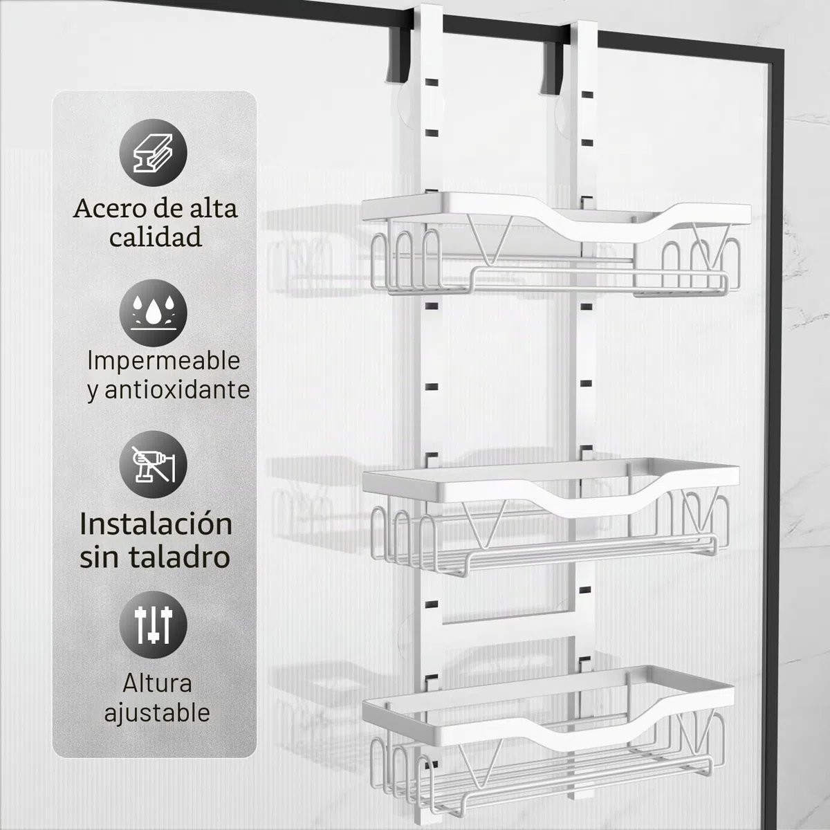 Estanteria Baño para Colgar, 3 Niveles Estante Ducha Ajustable, Estanteria Baño sin Taladro para Colgar en Puertas de Ducha de Vidrio (Blanco)