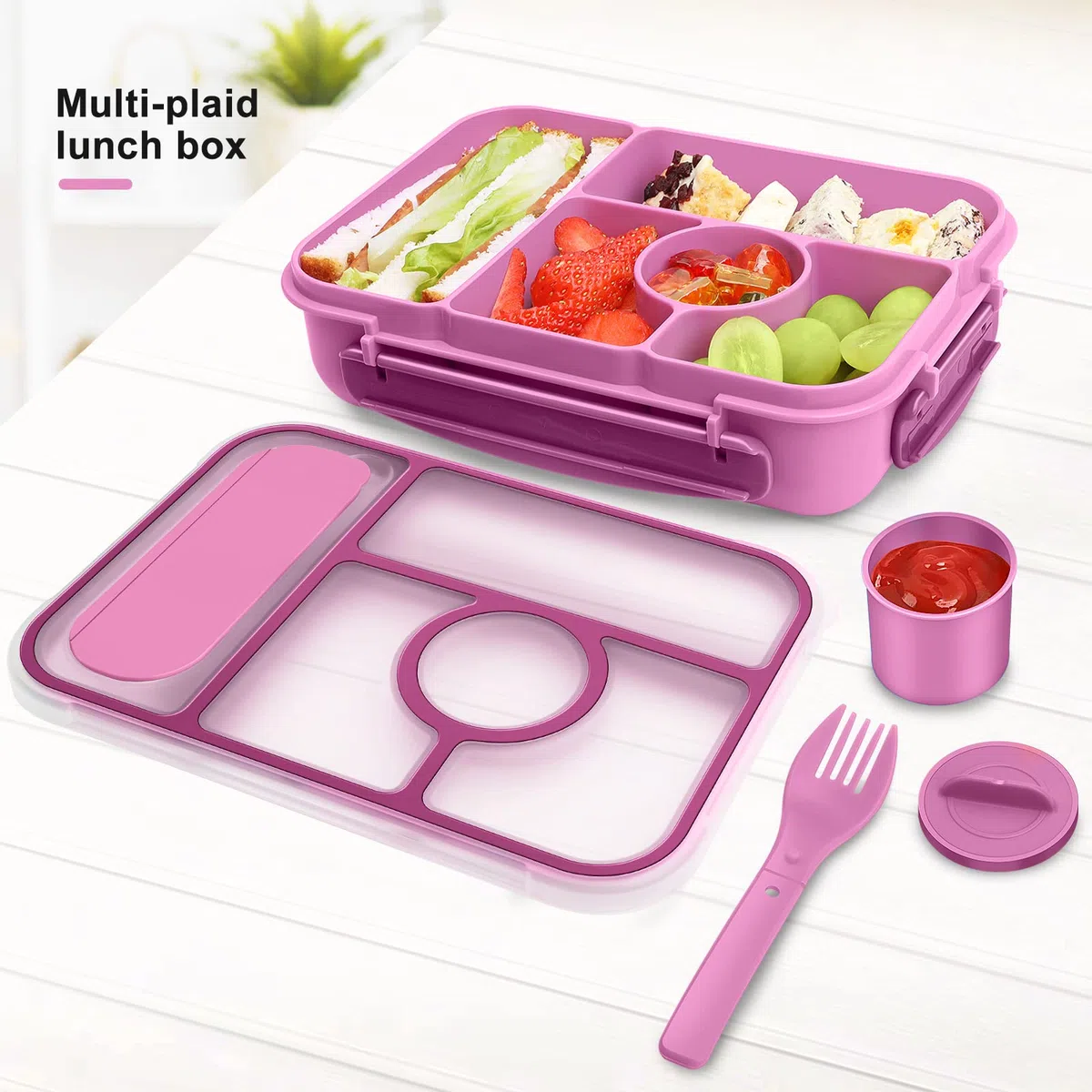 Amathley Fiambrera Infantil,Lunch Box Kids/Adultos,1300ML Bento Box Kids con 5 Compartimentos y Recipientes Para Salsas, Para Microondas y Lavavajillas,Sin BPA (Morado)
