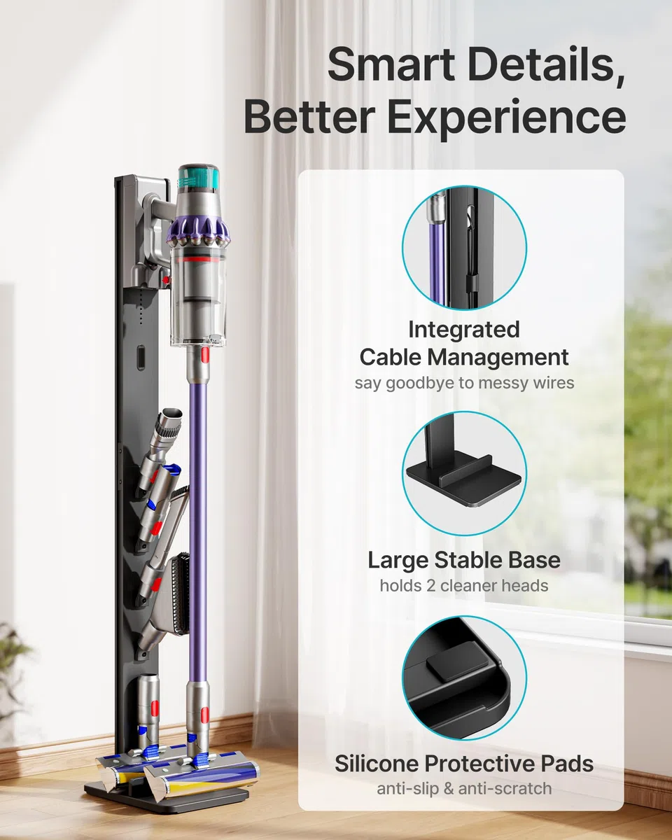 PEGZONE Soporte Aspiradora para Dyson Gen5 V15 V12 V11 V10 V8 V7 Negro | Compatible con Dyson, Soporte con 4 Ganchos, sin Taladrar, Guarda la Aspiradora y Todos los Accesorios