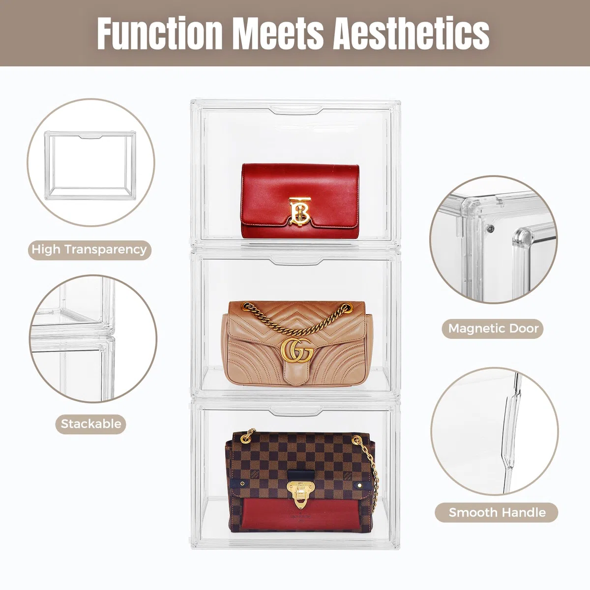 Organizadores transparentes de almacenamiento de bolsos para armario, 9 paquetes de plástico acrílico para bolsos, zapatos, juguetes, vitrina de exhibición de juguetes, bolsa apilable de lujo