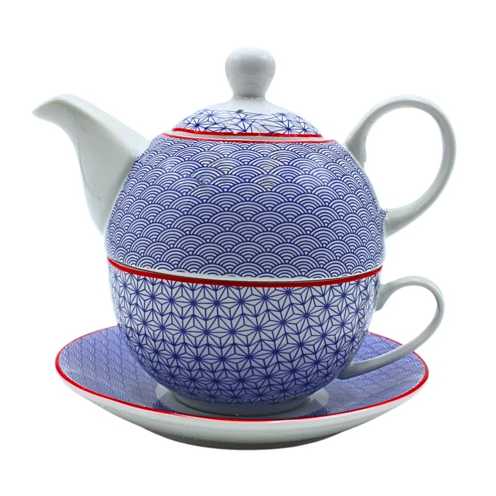 Dekohelden24 Jarra de porcelana, juego Tea for one, jarra para servir té, tetera, juego de té, taza de té con tetera, juego de teteras retro con taza de té de porcelana en azul, 15 x 15 x 16 cm (L/A/H