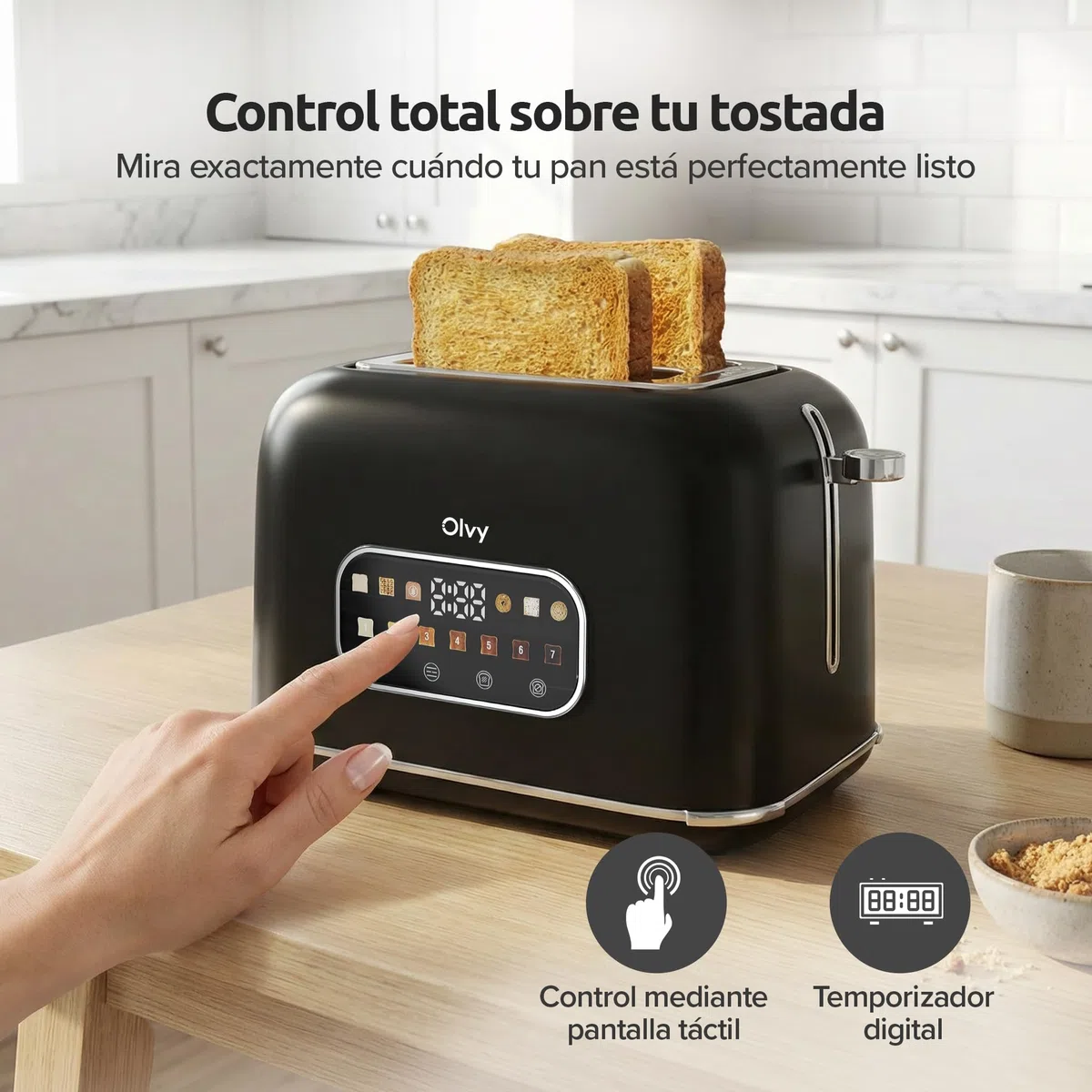 Olvy Tostadora 2 Rebanadas con Pantalla LCD y Temporizador – Ranuras Extra Anchas para Pan Grueso – 7 Niveles de Dorado, Descongelar y Recalentar – 900W – Negro