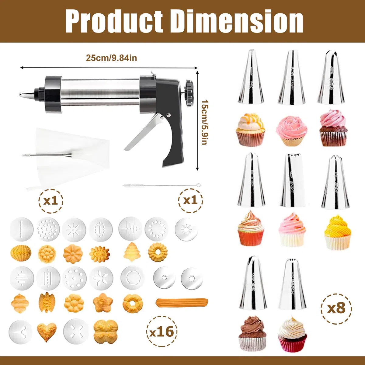 Biscuit Maker,Prensa para Galletas de Acero Inoxidable, Máquina de Prensado de Galletas, Prensa de Galletas, Máquina Galletas Molde para Repostería， con 16 Moldes De Disco y 8 Boquillas Prensa