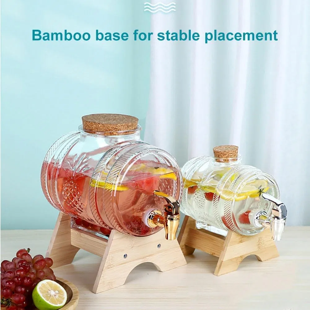 Dispensador de bebidas de vidrio 1L/3L/5L Dispensadores de bebidas heladas con grifo y soporte de madera, dispensador de bebidas Dispensador de bebidas frías para barbacoa, picnic, fiesta en la piscin