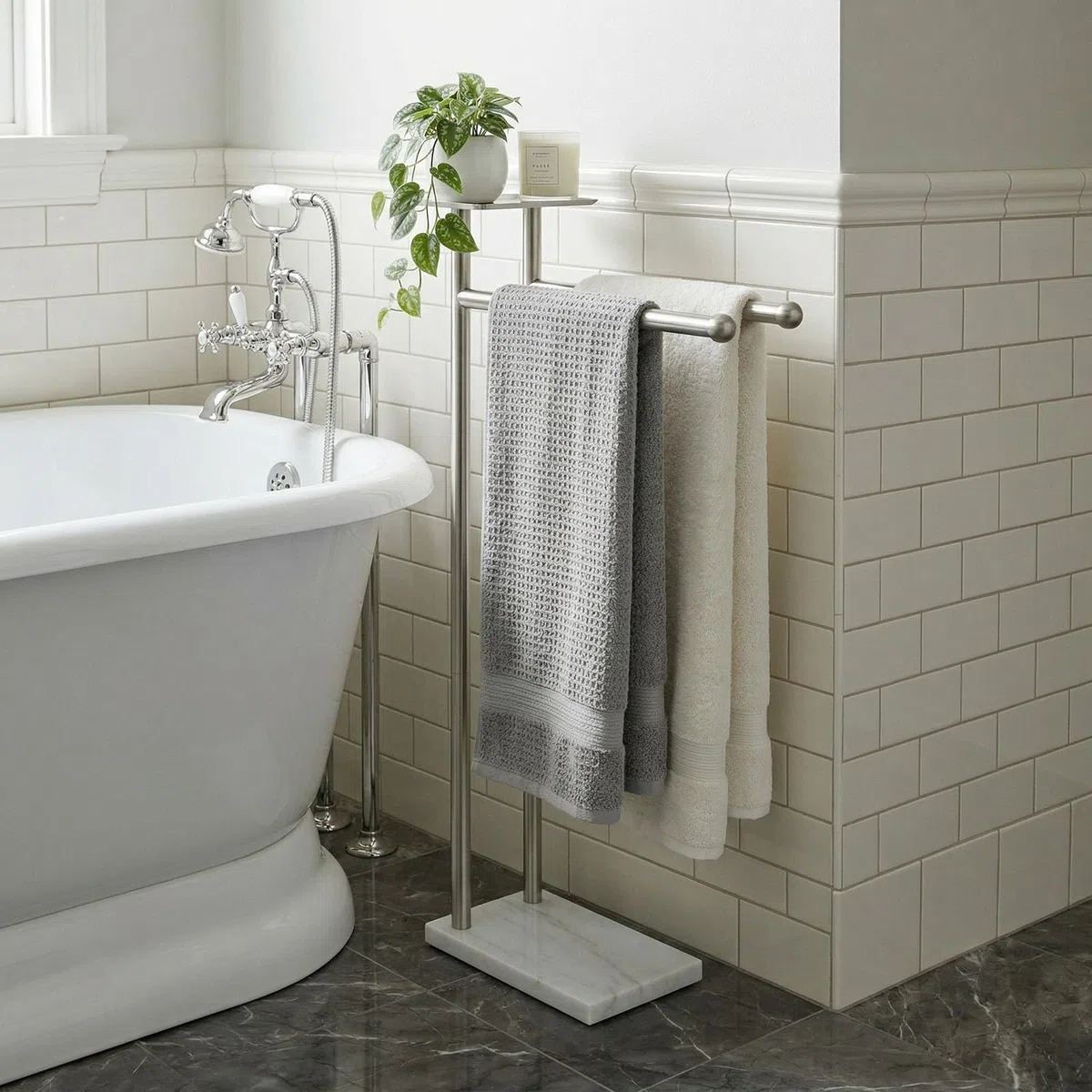 Songtec Toallero para baño, soporte para toallas de baño de 2 niveles para toallas de baño de máximo a 68 pulgadas, práctico estante en la parte superior