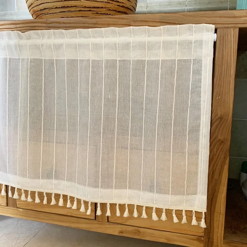 Cortina de cocina con textura de lino bohemio, cenefa semitransparente, panel corto rústico para ventanas pequeñas, bolsillo para barra