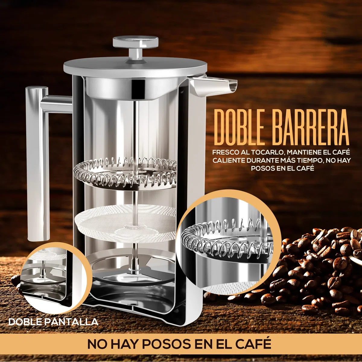 KICHLY Cafetiere Cafetera de prensa francesa de acero inoxidable de 8 tazas, prensa de café con sistema de filtración de 3 niveles, cafetera aislada de doble pared con 1 filtro adicional - 1000 ml -