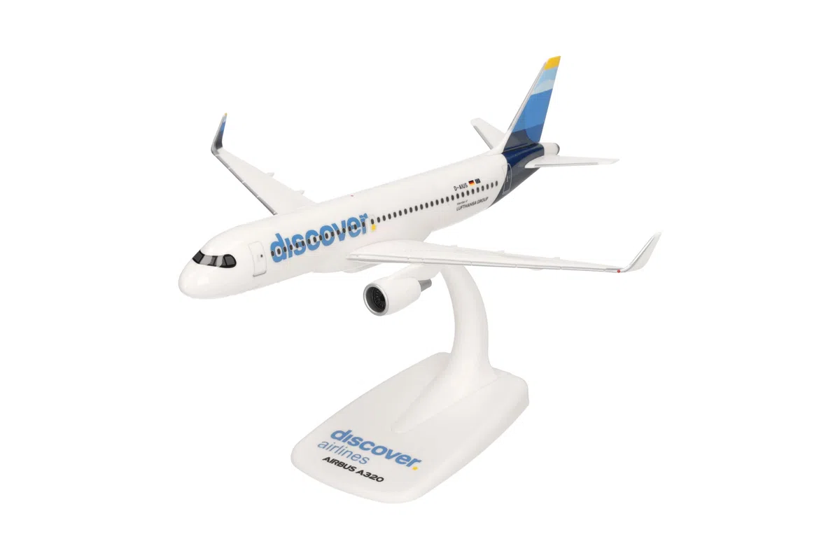 herpa Miniatura del avión Discover Airlines Airbus A320 - Snap-Fit, Escala 1/200, Modelo prefabricado, maqueta de colleción, modelismo, Avion con Soporte, Figura plástico