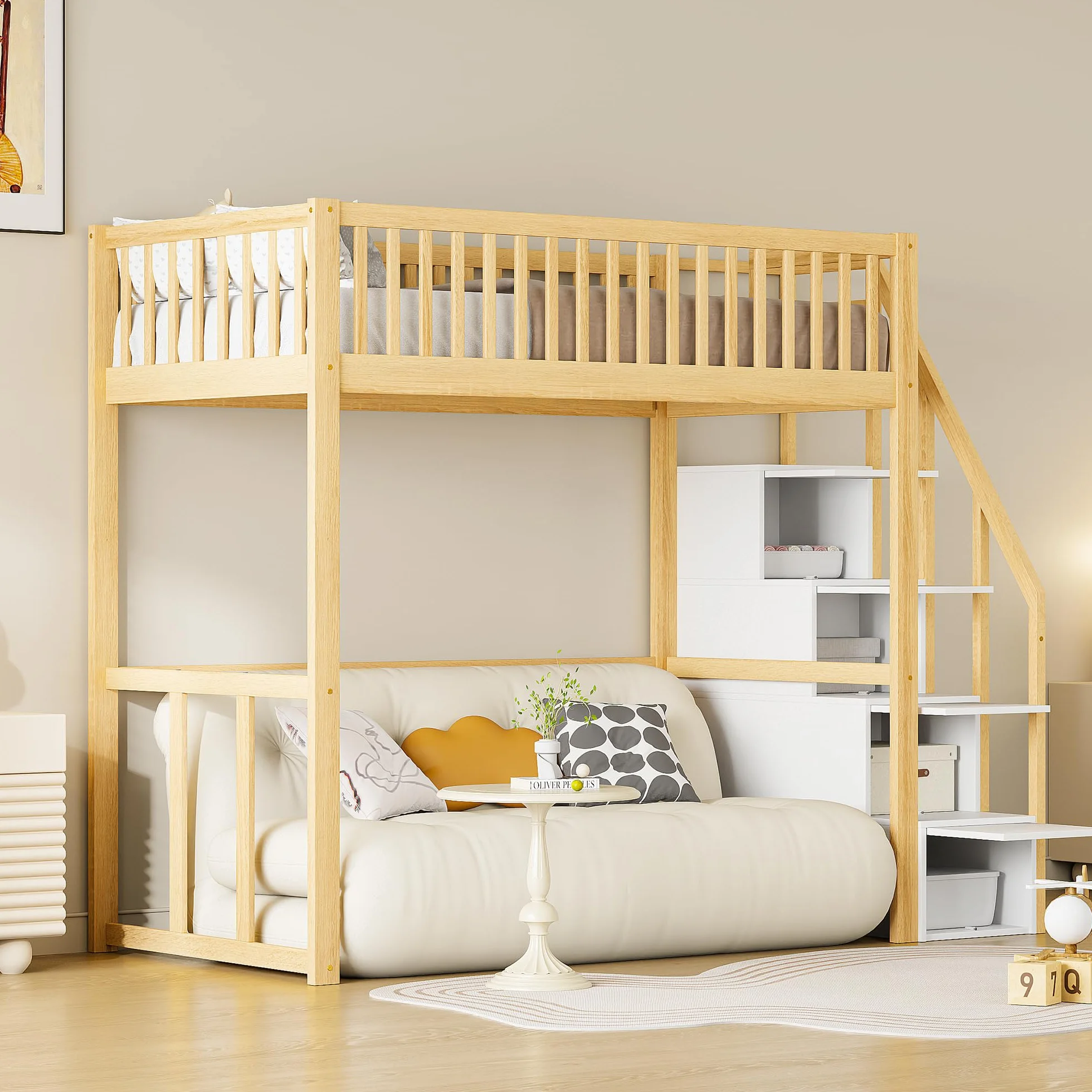 Soweiz Cama alta de 90 x 200 cm con escalera y espacio de almacenamiento, cama de madera con barandilla de seguridad, cama juvenil para niños y jóvenes, litera para dormitorio que ahorra espacio