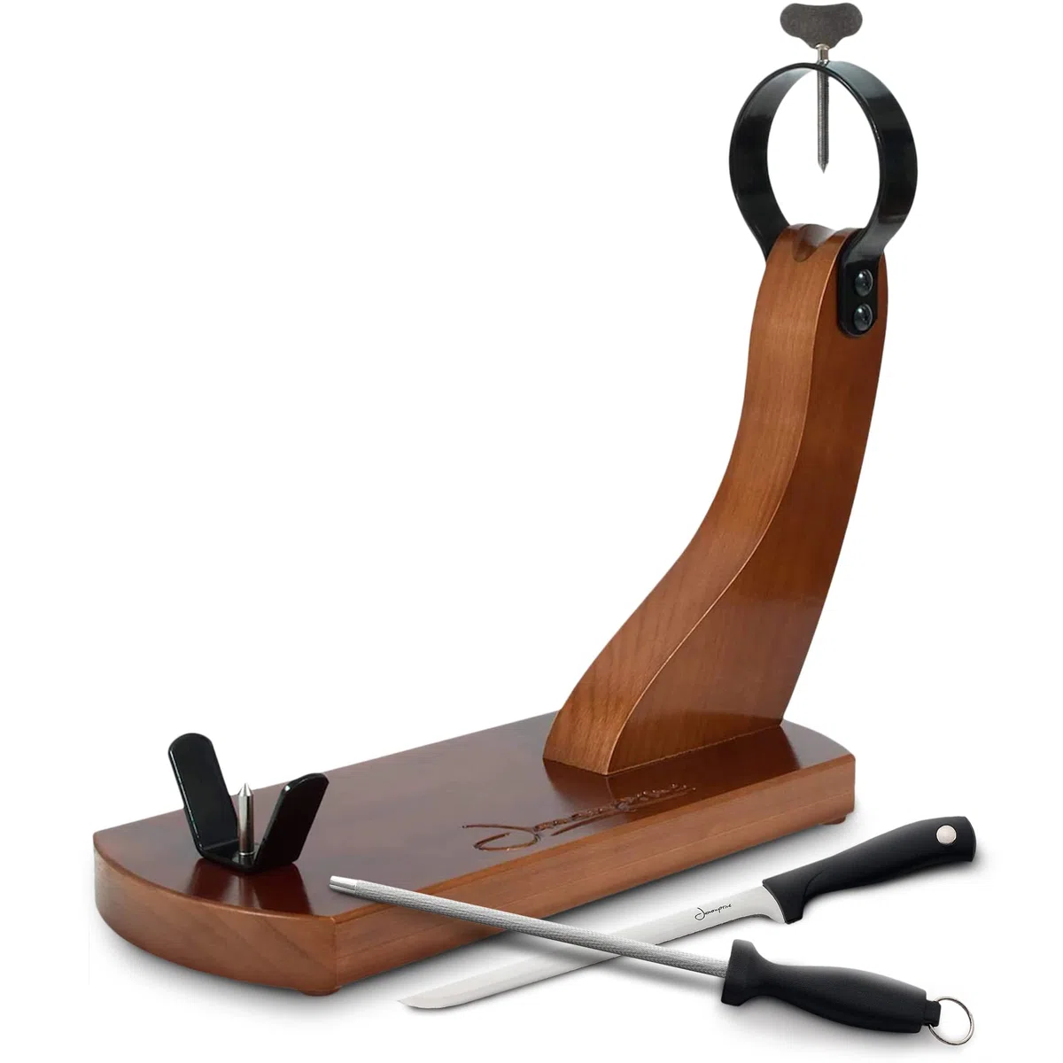 Soporte Jamonero Lacado Nogal y Gomas Antideslizantes + Cuchillo + Chaira - Jamonera ideal para Jamón Serrano e Ibérico Jamonprive