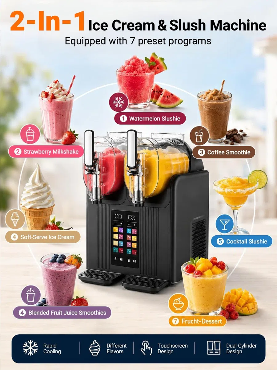 Doble Cabezal Máquina de Granizados y Máquina Soft Serve, 2L Cada Uno White | Dos Depósitos PC de 2L Preparan Dos Sabores; 430 W, Mezcla 360°, Bloqueo Infantil, Autolimpieza y Ventilación por Tres Lados