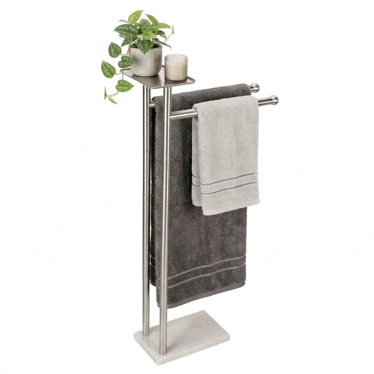 Songtec Toallero para baño, soporte para toallas de baño de 2 niveles para toallas de baño de máximo a 68 pulgadas, práctico estante en la parte superior