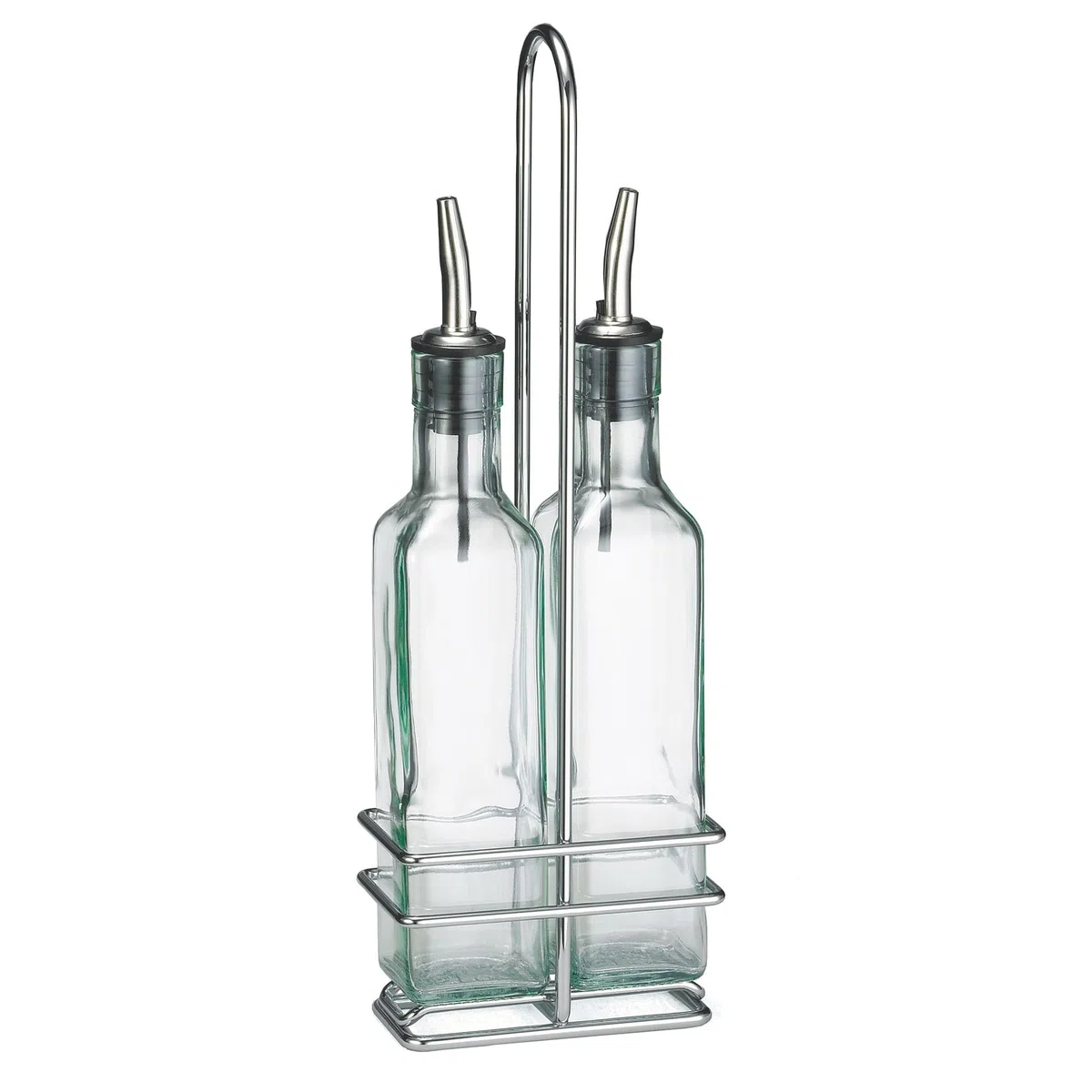 TableCraft Juego de botellas de aceite de oliva con dos botellas cuadradas/estante cromado de 8.5 onzas