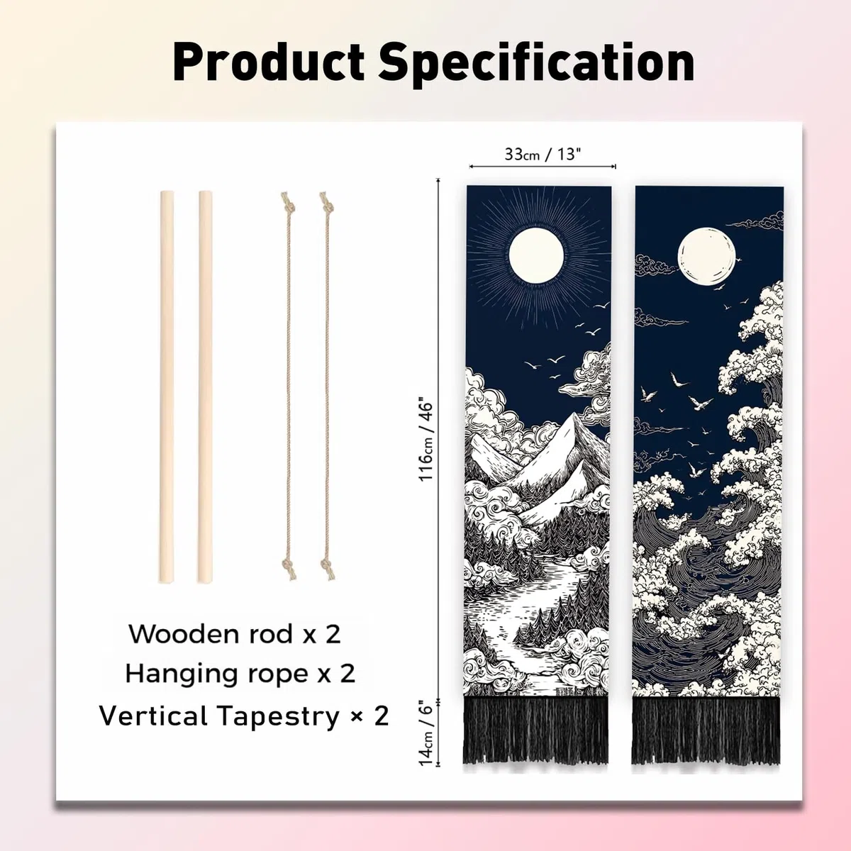 PLIGREAT Paquete de 2 tapices de pared de paisaje natural, montañas serenas, ríos, lunas, sol, para colgar en la pared con borlas, tapiz vertical estético decorativo para dormitorio, sala de estar