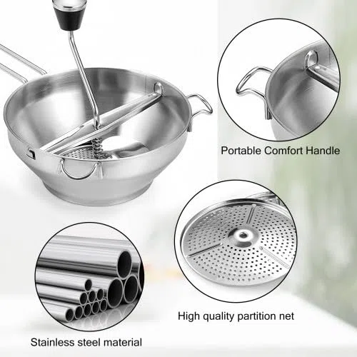 Volumoon Pasapures, Molinillo de Verduras Manual, Pasapures Acero Inoxidable con 3 Intercambiables Discos, Pasa Pure, Fácil de Usar para Puré de Bebé, Mermeladas, Verduras, Frutas