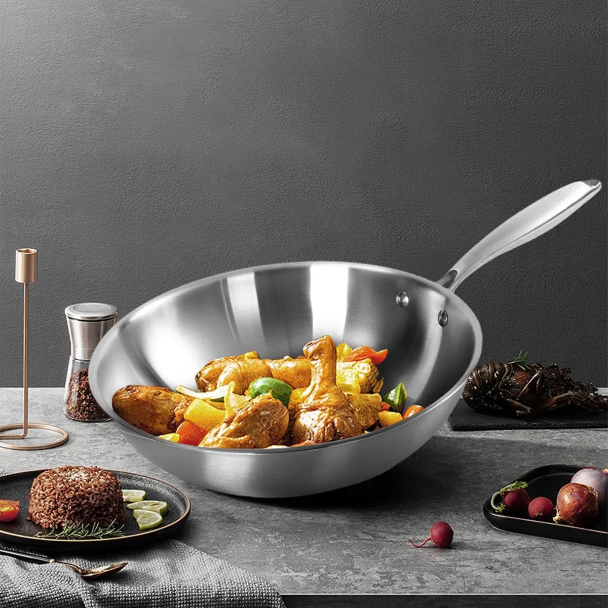 Cocoarm Wok de Acero Inoxidable, Acero Inoxidable 304 de Grado Alimentario con Núcleo de Aluminio para un Calentamiento Rápido y Uniforme, Compatible con Inducción, Apto para (34CM)