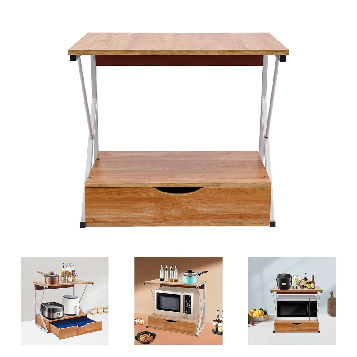 Estantería de cocina de 2 puertas, de pie, con cajón, para microondas, para encimera y almacenamiento, 54 x 35 x 50 cm (madera + blanco)
