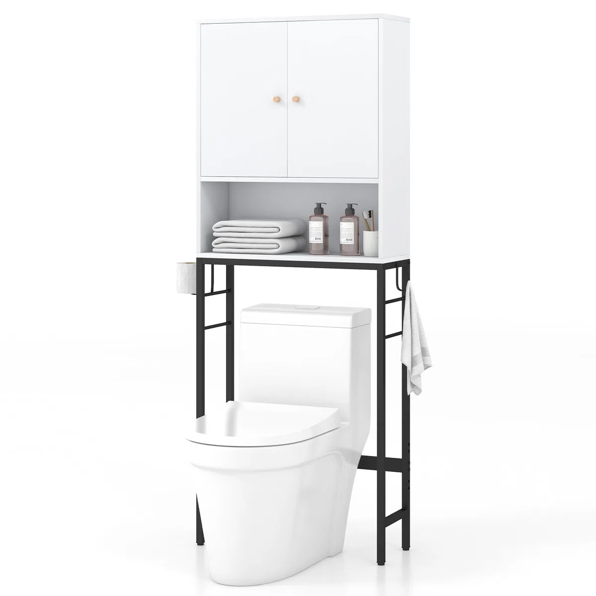 GOPLUS Armario sobre la Mesa del Inodoro, Armario de Baño con Doble Puerta, Compartimento Abierto, Estante Ajustable, Barra Inferior para Lavadero, 63x23x165,5cm (Blanco)