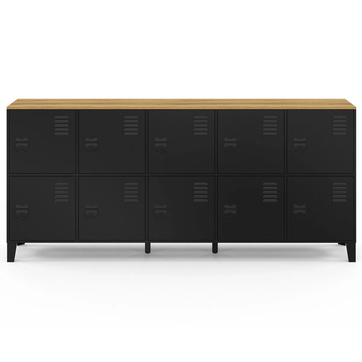 IDMarket – Aparador de armario 180 cm Ester 10 puertas de metal negro bandeja madera diseño industrial